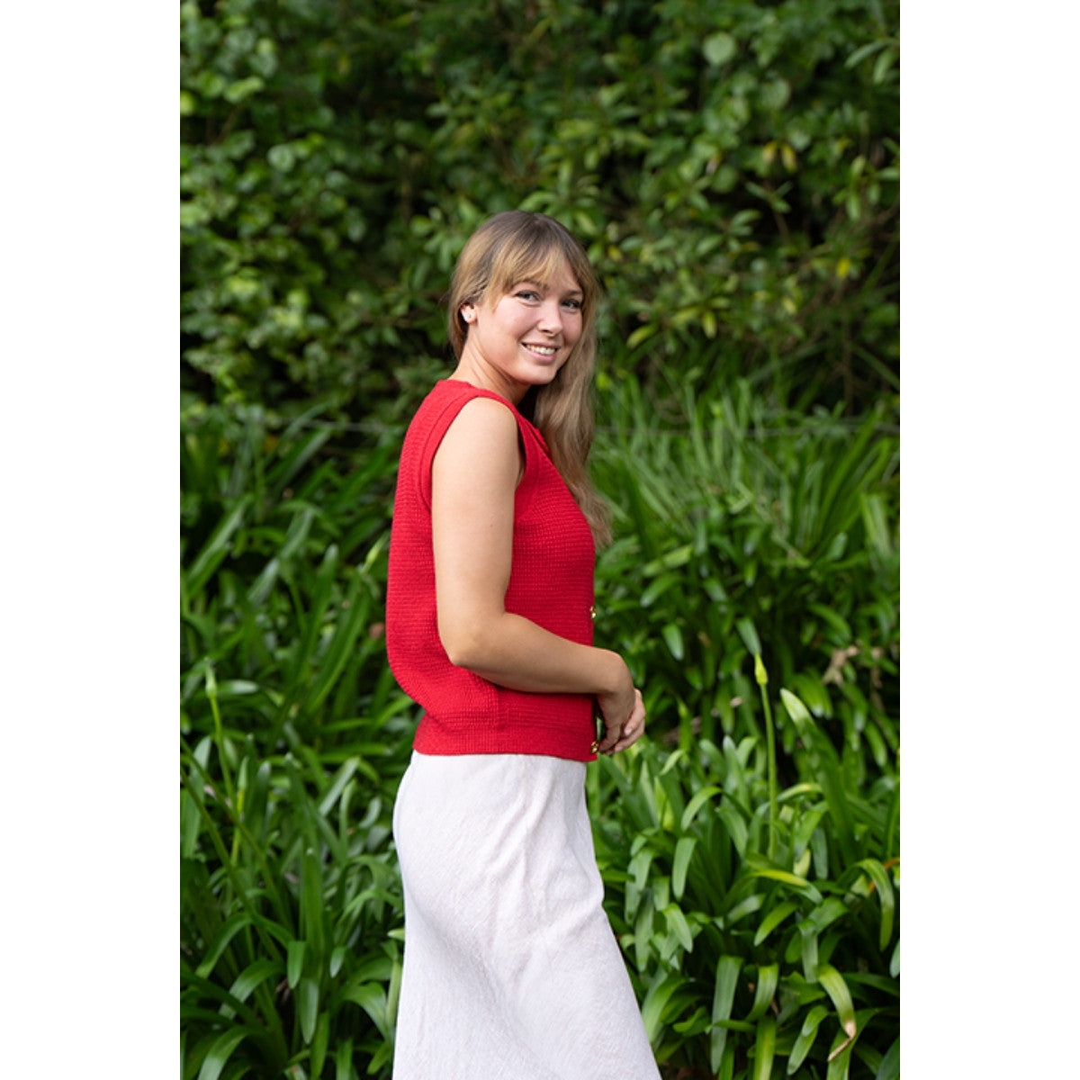 Lothlorian - Cotton & Merino Hepburn Button Vest (CM107)Cherry Red