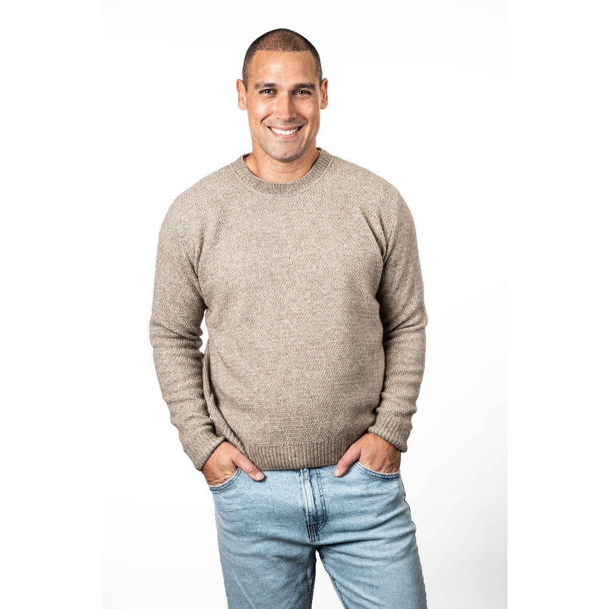 Koru - Merino & Possum Moss Stitch Plated Jumper (KO884)Mocha/Oat
