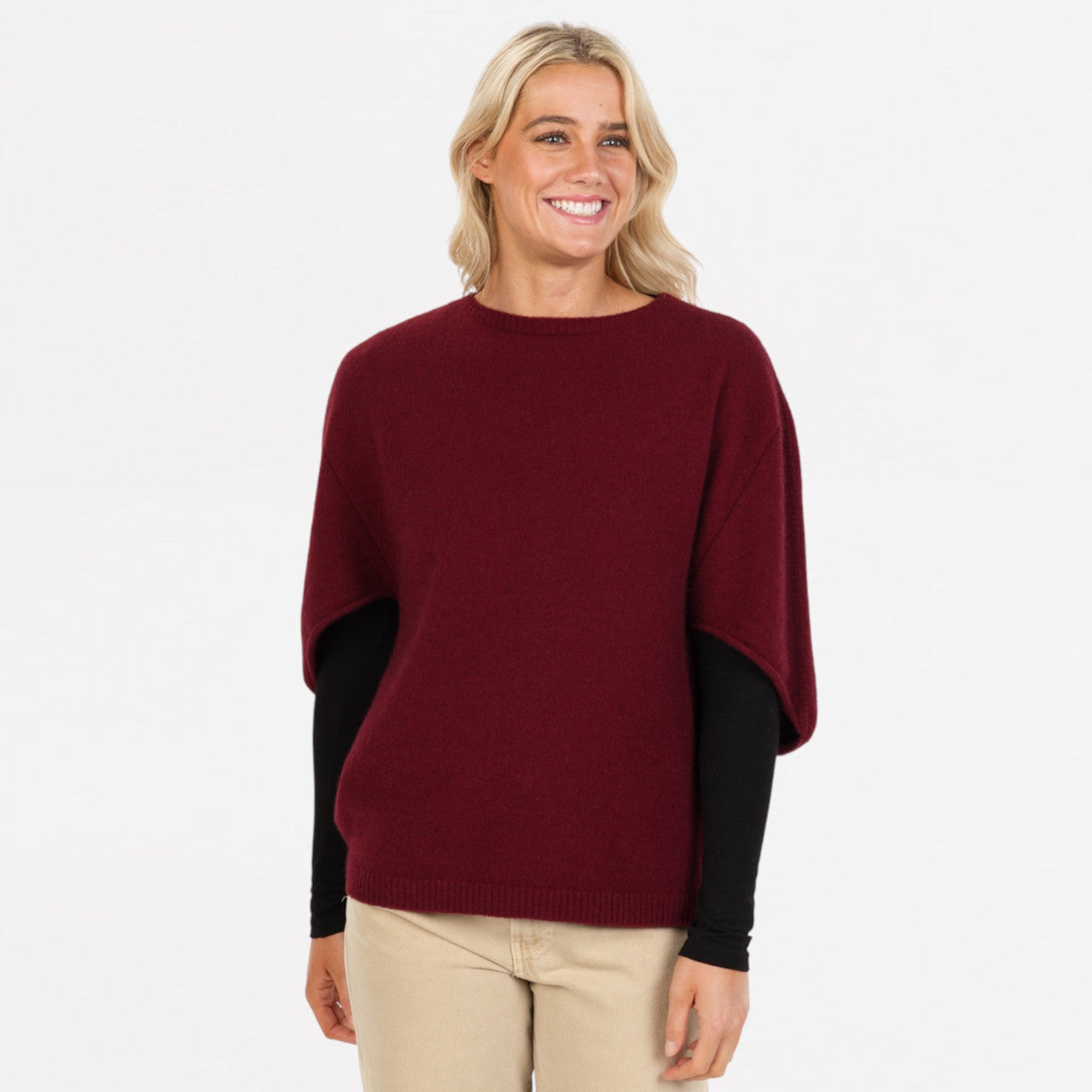 Native World - Merino & Possum Split Sleeve Poncho (NB868) Cherry