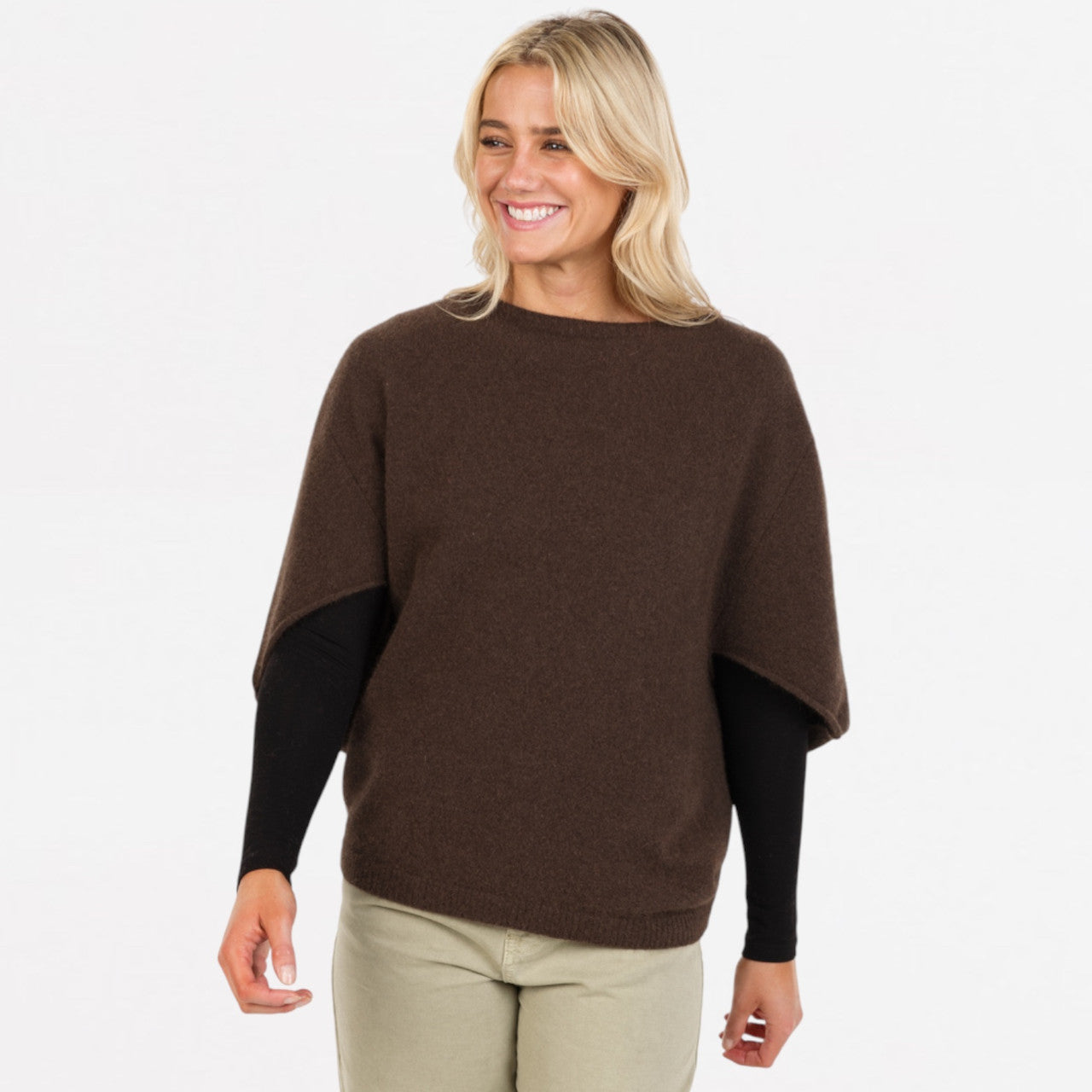 Native World - Merino & Possum Split Sleeve Poncho (NB868) Cocoa