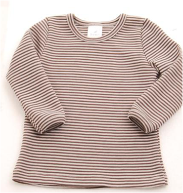 Merino wool long sleeved babies top in fudge stripe.