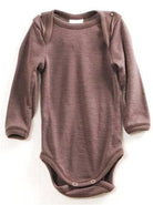 Merino wool long sleeved babies’ bodysuit in fudge colour.