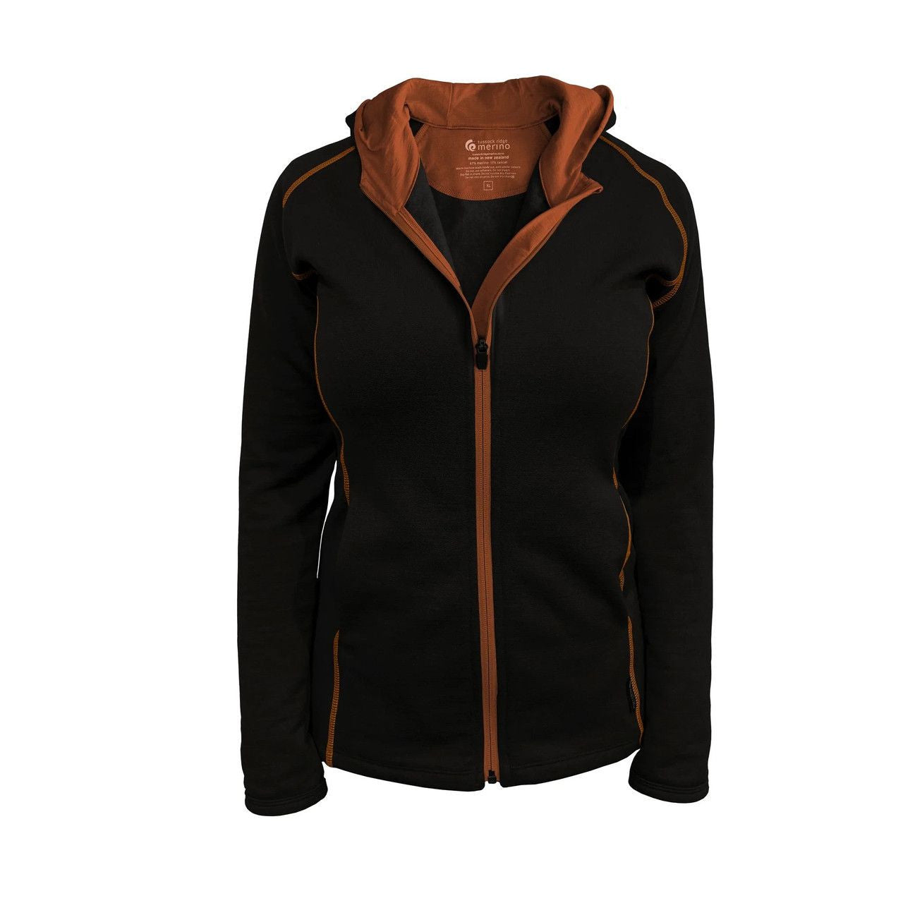 Tussock Ridge - Ladies Merino-Tencel Full Zip Jacket with Hood (MH303)Black/Copper