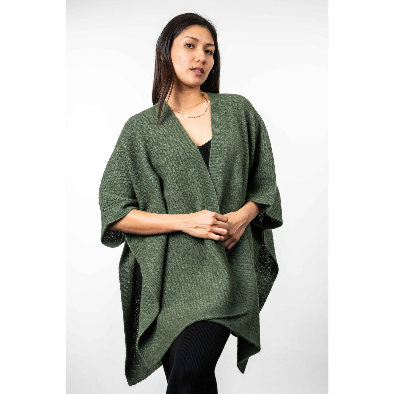Koru - Merino and Possum Zig Zag Textured Cape (KO553)Moss