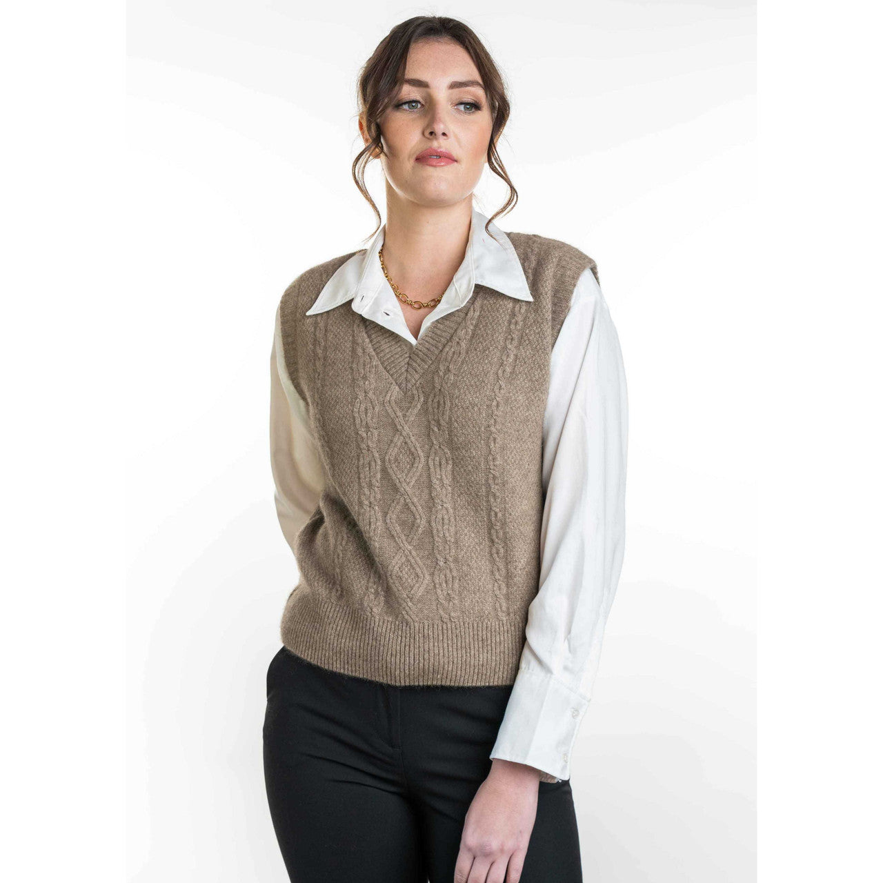Koru - Merino & Possum Cable Vest (KO563)Mocha