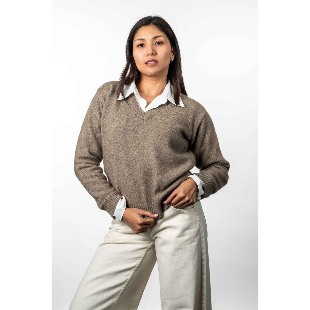 Koru - Merino & Possum V Neck Jumper (KO573)Mocha
