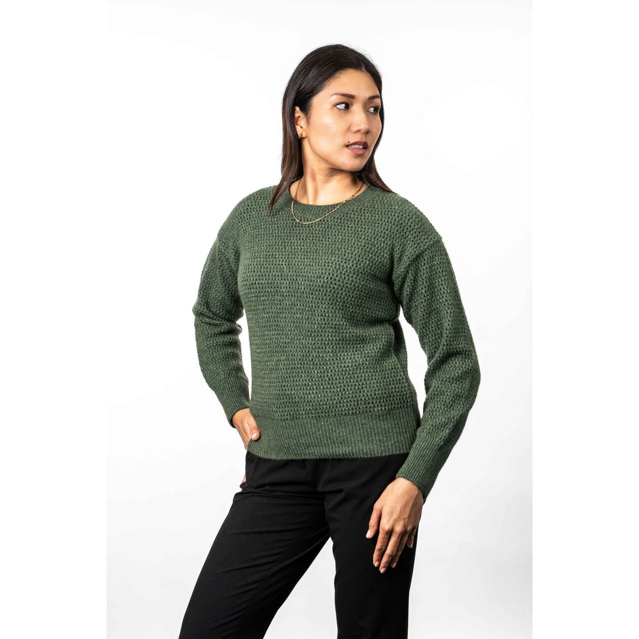 Koru - Merino & Possum Crochet Knit Jumper (KO577)Moss