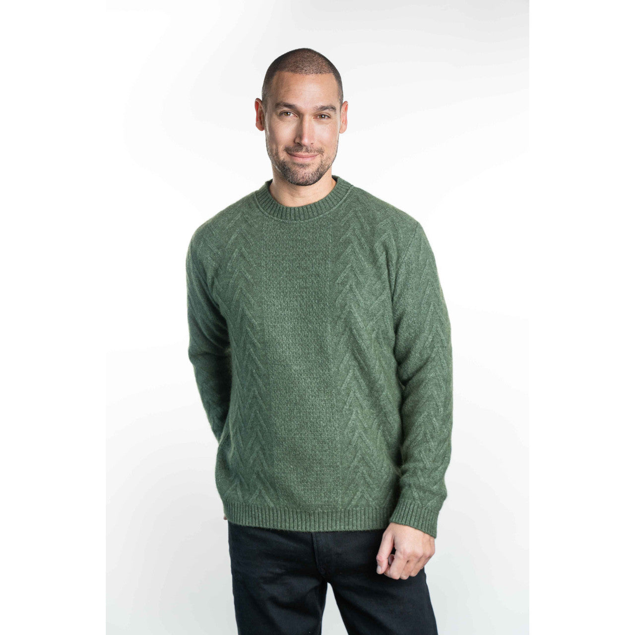 Koru - Men’s Merino - Possum Crew Neck Aran Jumper (KO868)Moss