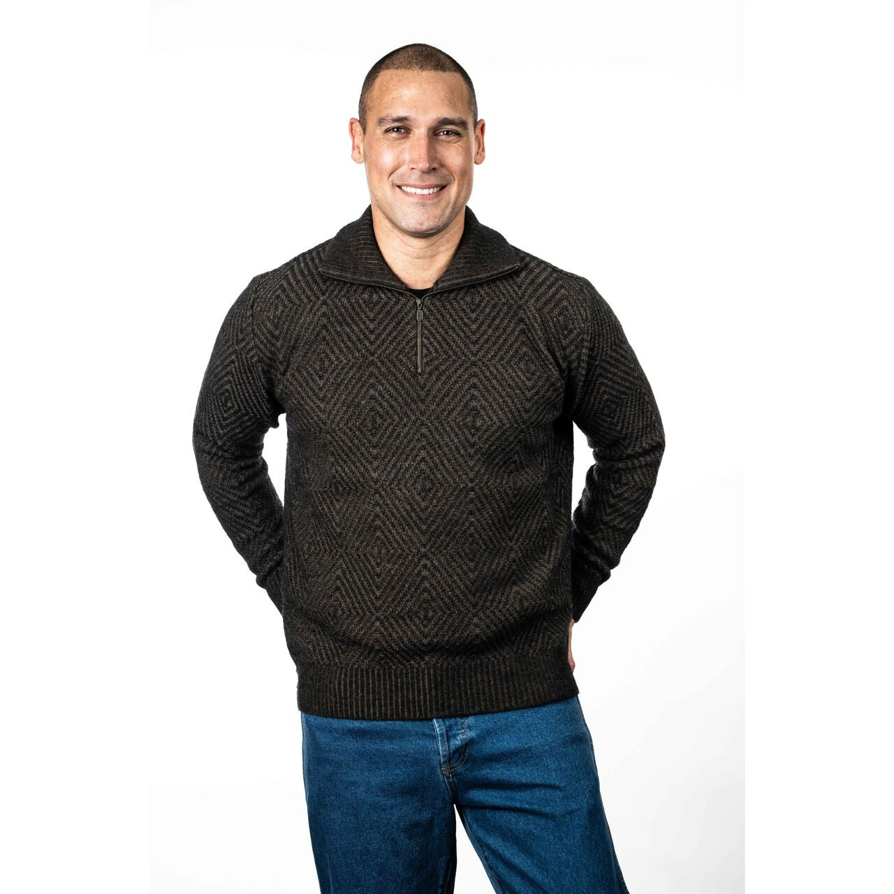 Koru - Merino & Possum Diamond Plated Zip Jumper (KO881)Espresso/Suede