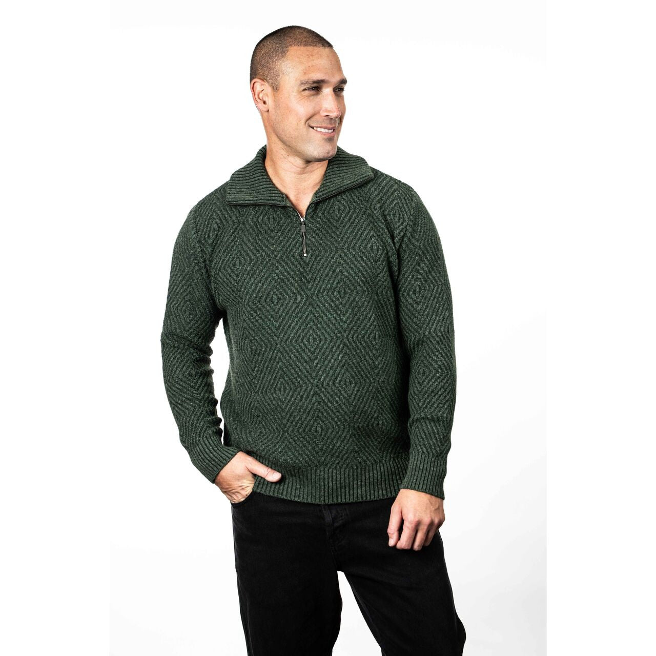 Koru - Merino & Possum Diamond Plated Zip Jumper (KO881)Moss/Dark Green