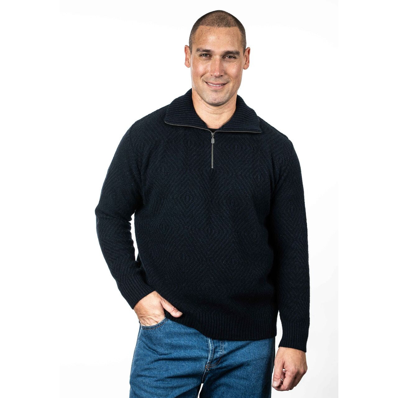 Koru - Merino & Possum Diamond Plated Zip Jumper (KO881)Navy/Black
