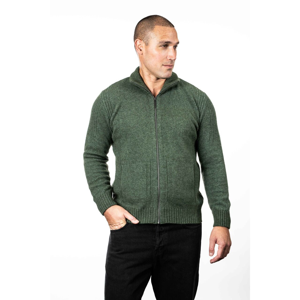 Koru - Merino & Possum Men's Rib Detail Jacket (KO882)Moss