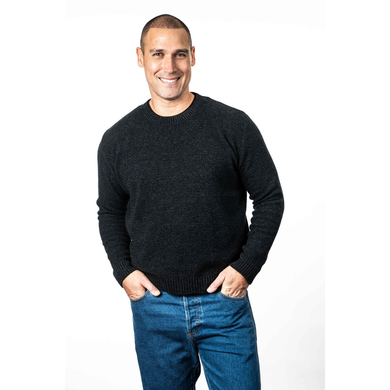 Koru - Merino & Possum Moss Stitch Plated Jumper (KO884)Charcoal/Black