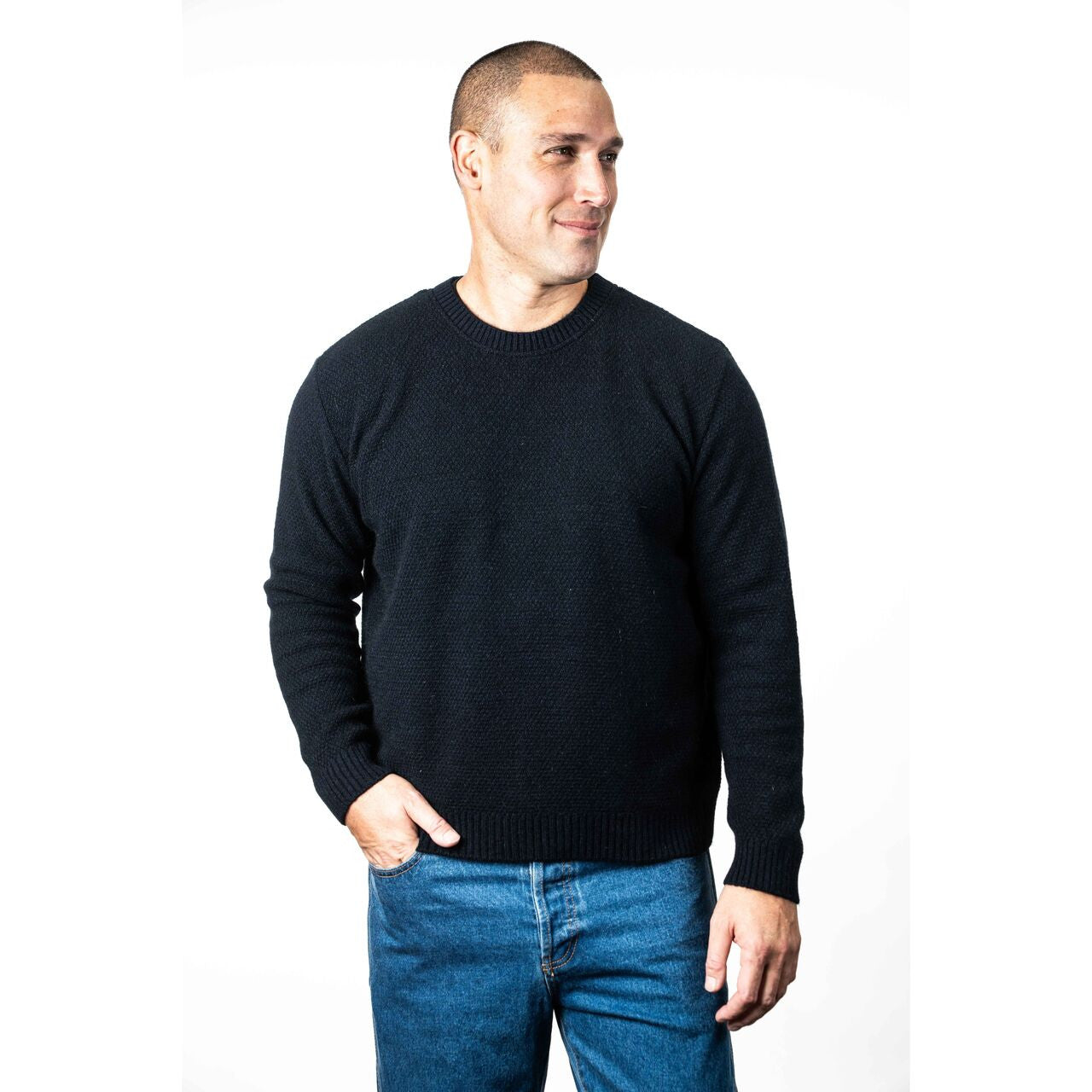 Koru - Merino & Possum Moss Stitch Plated Jumper (KO884)Navy/Black