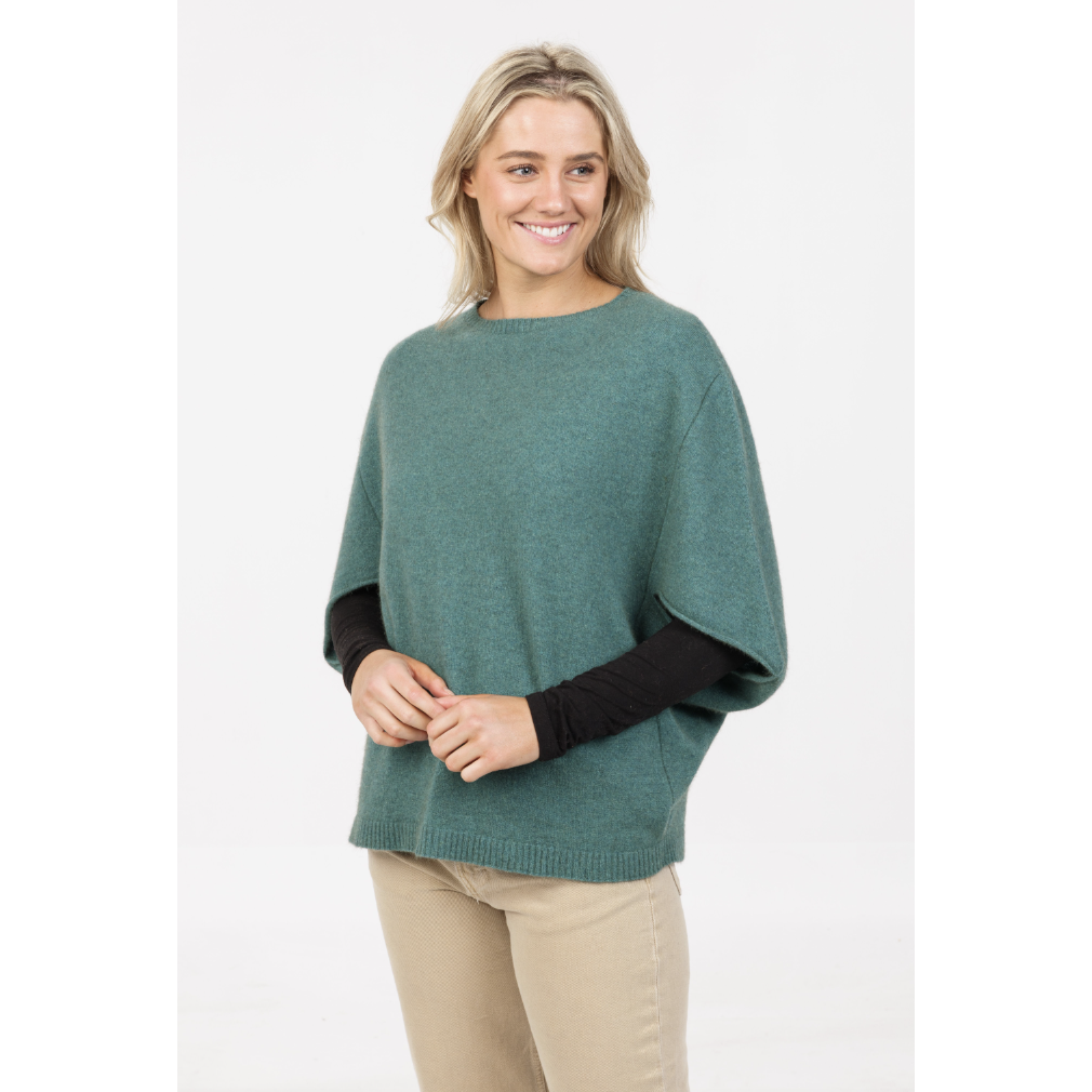 Native World - Merino & Possum Split Sleeve Poncho (NB868)Mist
