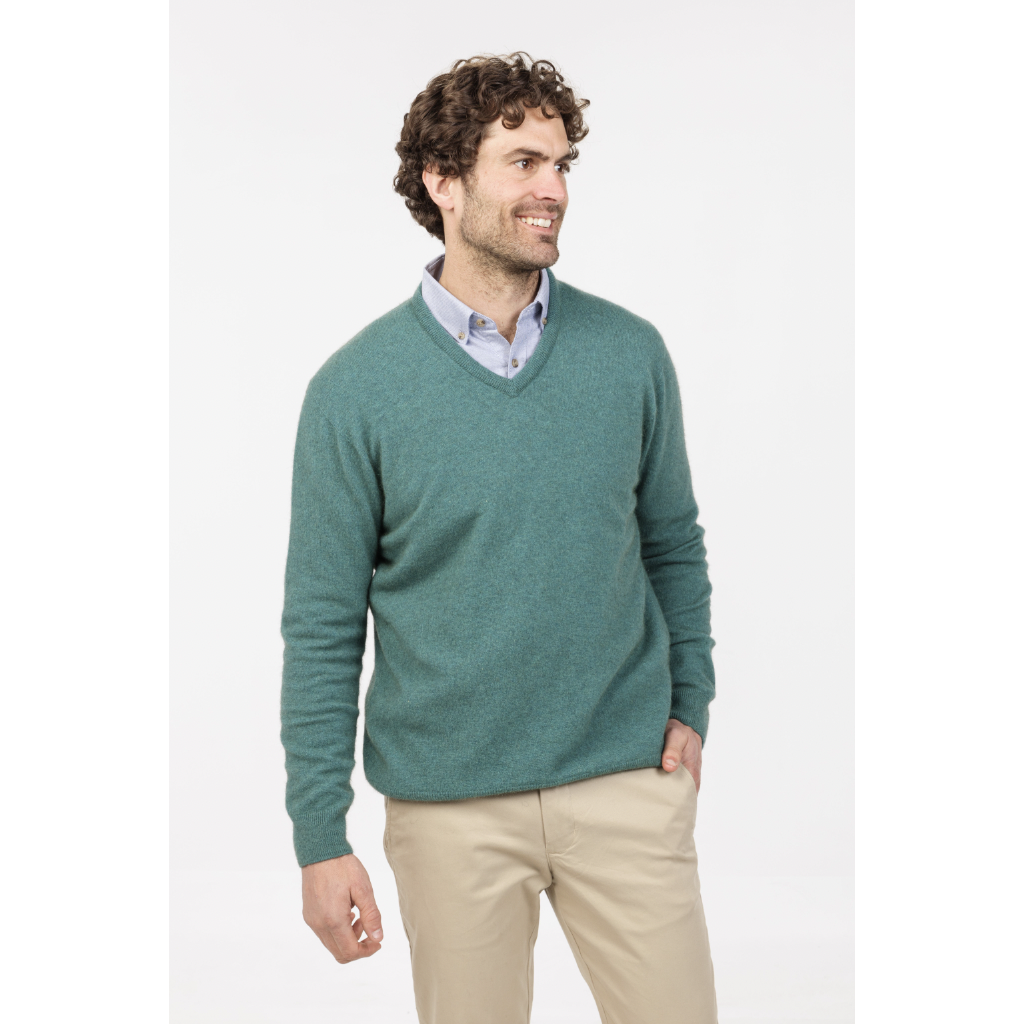 Native World - Merino & Possum Men's Vee Neck Sweater (NB121)Mist