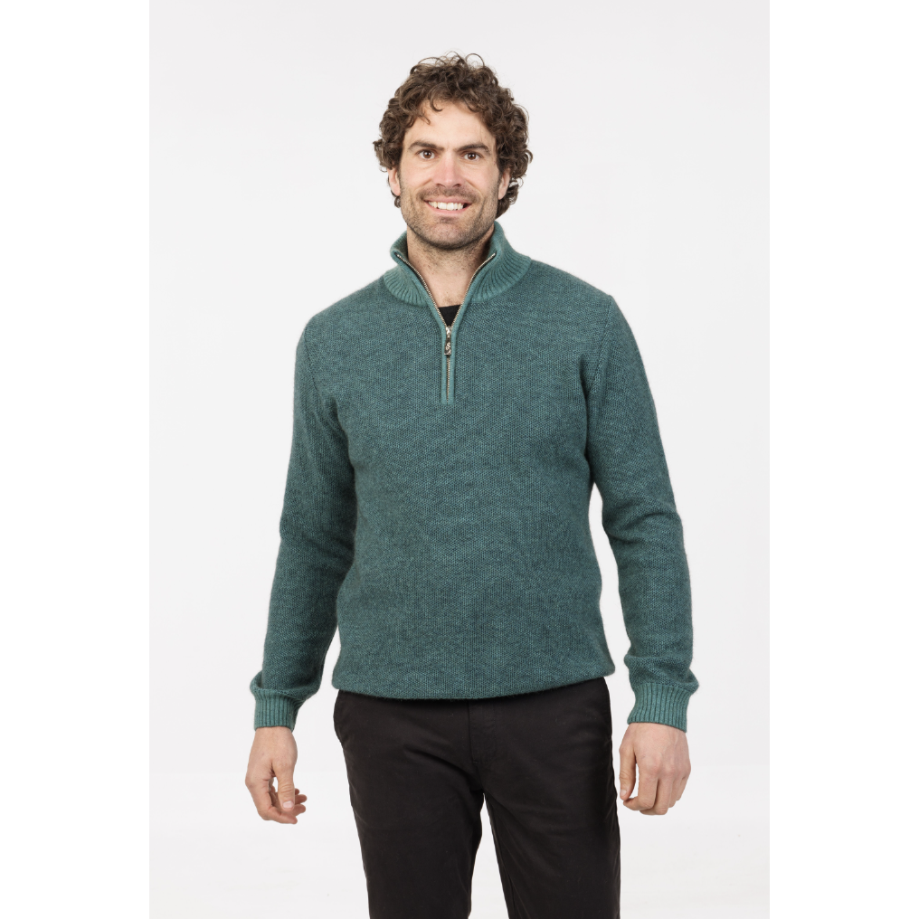 Native World - Merino & Possum Textured Half Zip Sweater (NE338)Mist