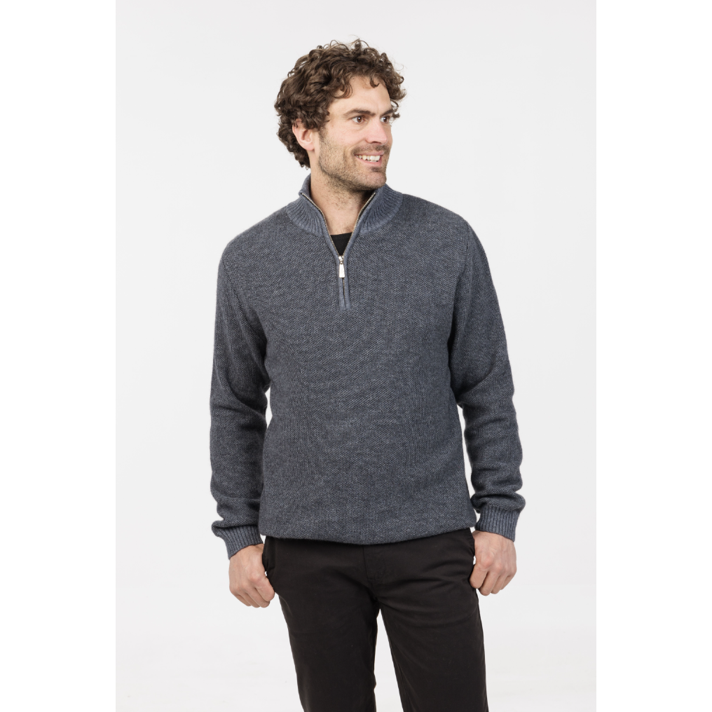 Native World - Merino & Possum Textured Half Zip Sweater (NE338)Sky