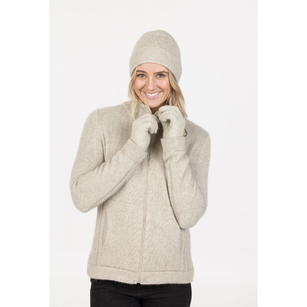 Native World - Merino & Possum Button Essential Full Zip Jacket (NS832)Natural