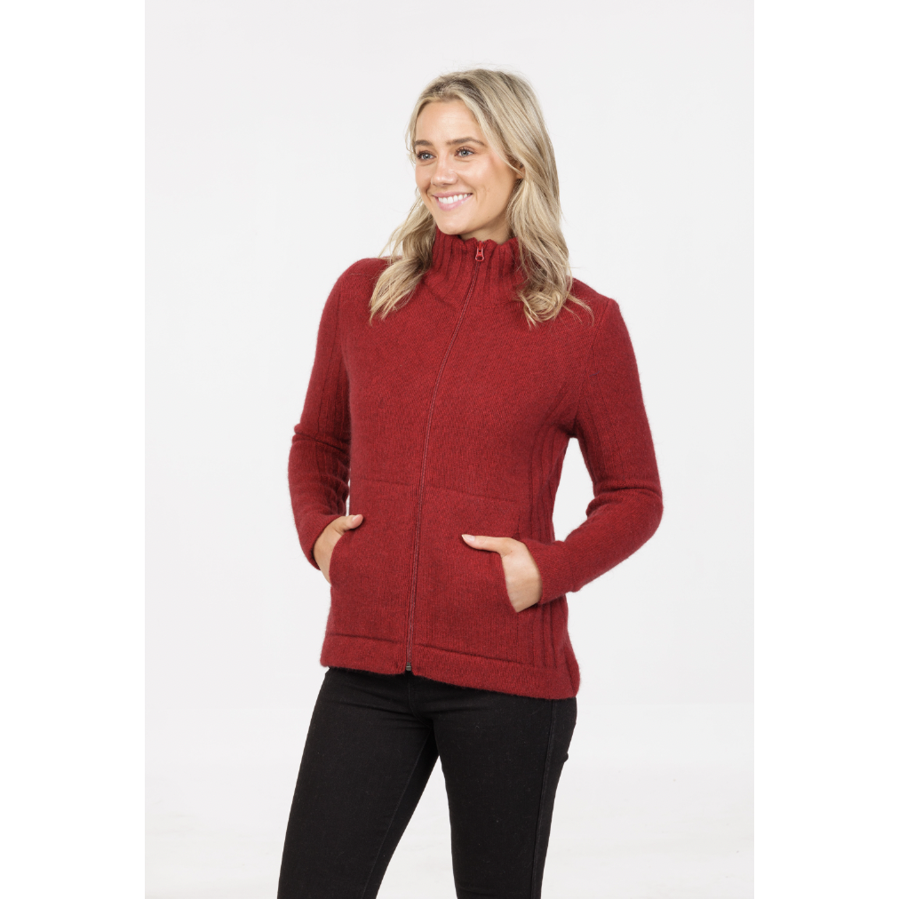 Native World - Merino & Possum Button Essential Full Zip Jacket (NS832)Berry