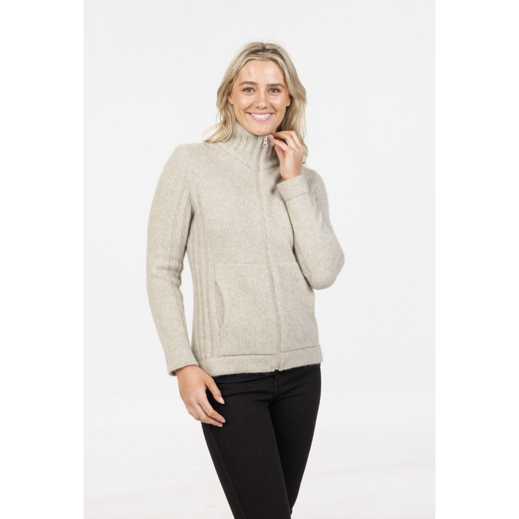 Native World - Merino & Possum Button Essential Full Zip Jacket (NS832)Natural